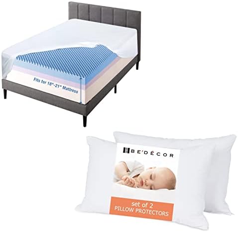 Bedecor Queen Fitted Sheet and Queen Pillow Protector with Zipper Set of 2,21inch in Extra Deep Pocket White Bed Sheet,Soft Breathable,Waterproof Pillow Covers Encasement Smooth with Breathable Holes