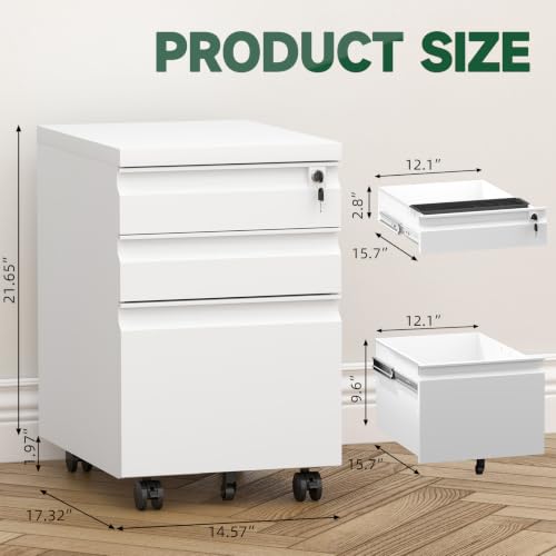 Image of 3 Drawer File Cabinet, Metal Printer Stand with Roling Caster, Under Desk Storage for Home Office, File Cabinet with Lock, No Assembly Required, White