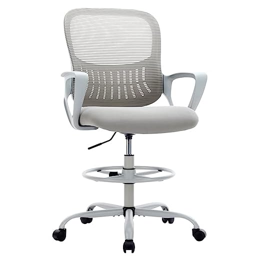 Drafting Chair with Flip-up Armrests and Foot-Ring, Tall Office Chair for Standing Desk Adjustable Height Office Desk Chair for Home Office, Breathable Mesh Swivel Rolling Tall Chair Grey