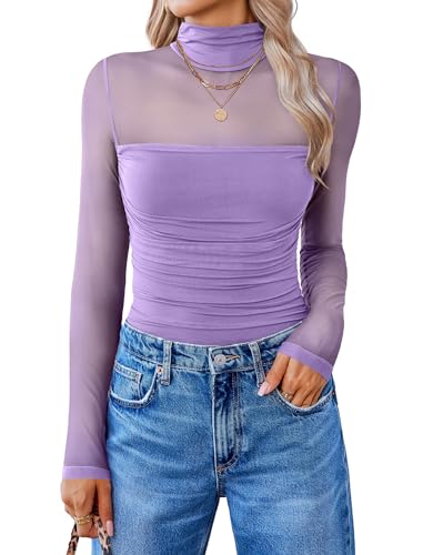 Image of Avidlove Women Long Sleeve Bodysuit Turtle Neck Shapewear Body Suits Mesh One Piece Leotard Shirt Going Out Tops Fall Outfits