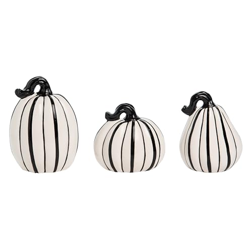 Transpac 3-Piece Dolomite 6.25' Black & White Pumpkins Decor Halloween Autumn Fall Harvest Tabletop End Table Kitchen Table Fireplace Mantle Decoration Multicolor
