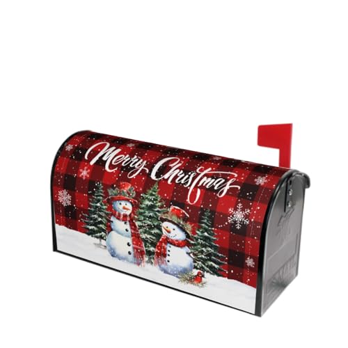 Image of Merry Christmas Buffalo Plaid Snowman Mailbox Cover - Magnetic, Standard Size 25.5 x 21 Inches, Holiday Decorative Wrap for Home Outdoor Garden