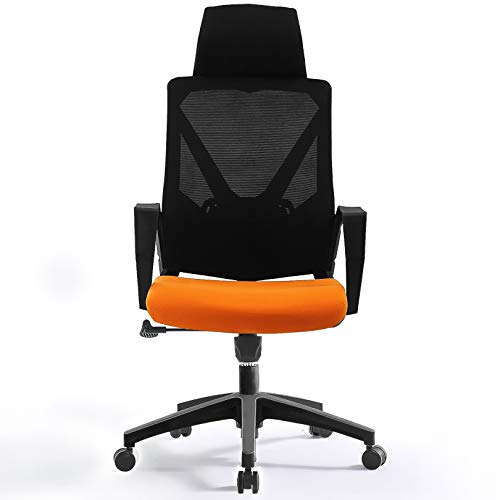 Silla ergonómica de Oficina para el hogar, giratoria, para Juegos, con Respaldo Alto de Malla Ajustable en Altura, reposacabezas y Escritorio Transpirable y Agradable para la Piel (Negro + Naranja A)
