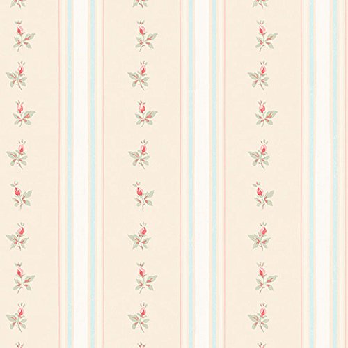 Manhattan comfort NWAB27642 Stratford Series Striped Floral Design Large Wallpaper Roll, 20.5" W x 32.7'L, Blue Cream/Beige/Off White/Red/Pink/Green