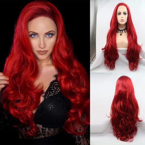 xiweiya Bright Red Lace Front Wig Long Body Wave Red Synthetic Lace Front Wigs 13x4 Lace Hot Red Wig Middle Part Heat Resistant Hair Natural Hairline 180% Density Wig Drag Queen Cosplay Wig 24inch