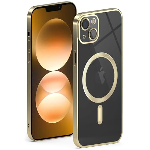 Coque Apple iPhone 14 rigide transparente ONEFLOW Aura aux finitions dorées premium avec MagSafe