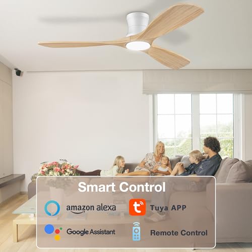 Image of 52 inch Wood Low Profile Ceiling Fans with Lights Remote,Flush Mount,Smart