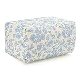 Puffy Coquette Floral Quilted Makeup Bag - Large Fashionable Travel Pouch, Cute Blue