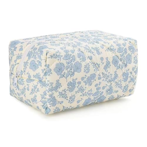MZLUWM Puffy Coquette Floral Quilted Makeup Bag - Large Fashionable Travel Pouch, Cute Blue