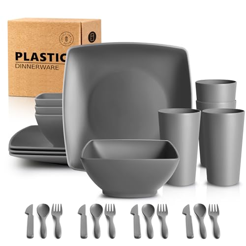 Teivio 12-Piece Square Plastic Plates Bowls and Cup Set with Cutlery, Kitchen Dinner Set Service for 4, Dinner Plate/Bowl/20 oz Cup/Knife/Fork/Spoon, Unbreakable Outdoor Camping Dishes, Gray