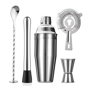 5-Piece Cocktail Shaker Set Shaker Strainer Jigger T-Mixing Spoon Muddler Bartender Kit Stainless Steel Bar Set Housewarming Gift
