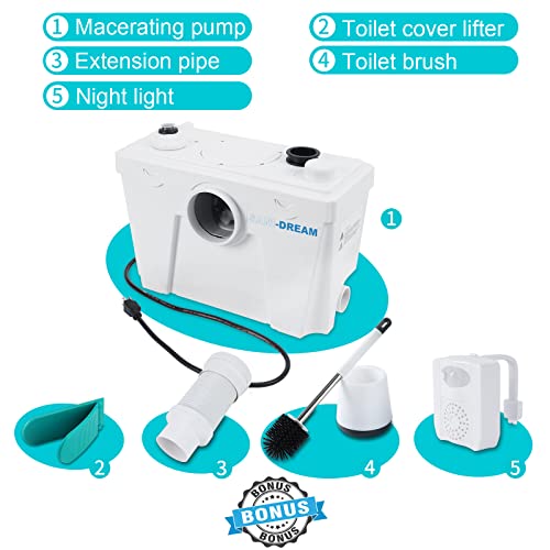 Upflush Macerating Toilet For Basement- Macerating Toilet System With Extension Pipe And Round Bowl,Toilet Tank With Front Flush Valves And 500Watt Macerator Pump For Kitchen Sink, Bathroom, Laundry #TOP5