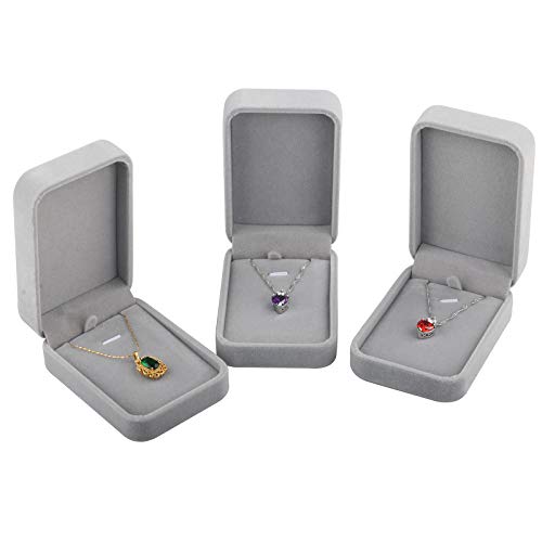 3 Pieces Velvet Pendant Necklace Boxes Set, Jewelry Gift Case, Jewellry Display Box for Wedding, Engagement, Proposal, Birthday and Anniversary (Grey)