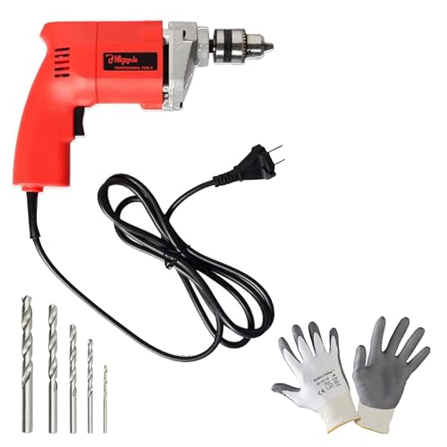Image of Hillgrove HGCM1110M2 500W Power Drill Machine with Gloves, 5Pcs HSS Drill Bits for Making Holes in Metal /Wood /Concrete Pistol Grip Drill (10 mm Chuck Size)