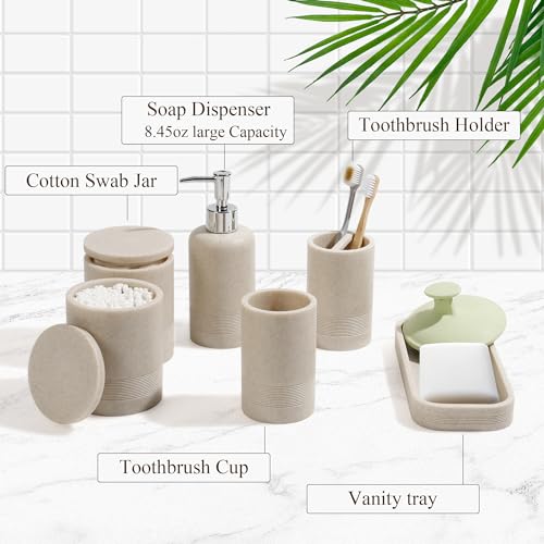 Bathroom Accessories Set, 6-Piece Bathroom Accessory Set, Toothbrush Holders Set, Soap Dispenser, Vanity Tray, Tumbler, Cotton Swab Jars, Bathroom Organizer for Modern Bathrooms(Beige) by YMXYJM - Image 6