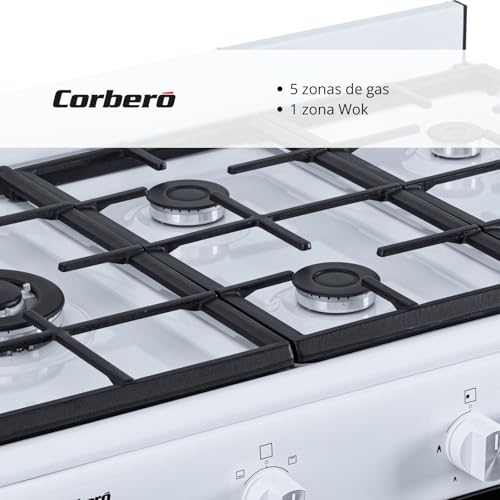 Miniatura 2 de Corberó Ccsf5gb922w 80x90x60, 60l, Gas Butano, Blanco, 5 Fuegos, Wok A La Izquierda, Portabombona, Cajón Calientaplatos, Tapa Fogones De Cristal, Bandeja Y Parrilla Extra Thick Mate