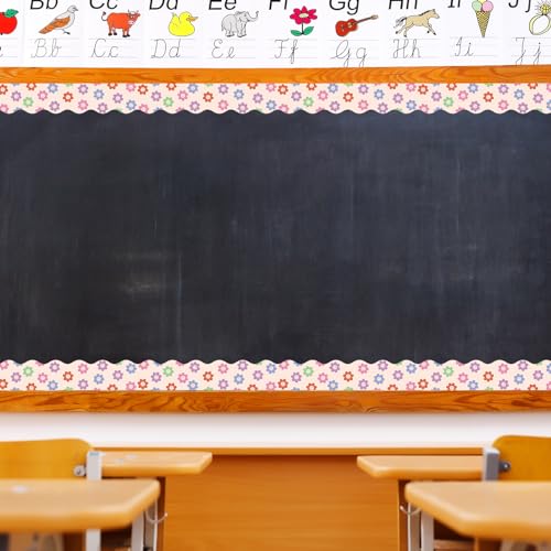 Image of Whaline 196.8 Ft Pastel Boho Bulletin Board Borders Daisy Flower Checkered Groovy Die-Cut Rolled Board Trim for Back to School Classroom Office Chalkboard, 6 Rolls