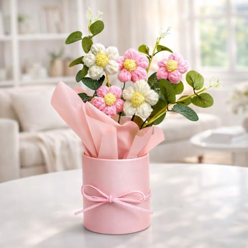 Image of PANCA Handmade Crochet Flower Bouquet (Pink) | Knitted Artificial Flower Arrangement with Vase | Cute Aesthetic Gift for Birthday, Anniversary, Wedding & Home Office Desk Decor