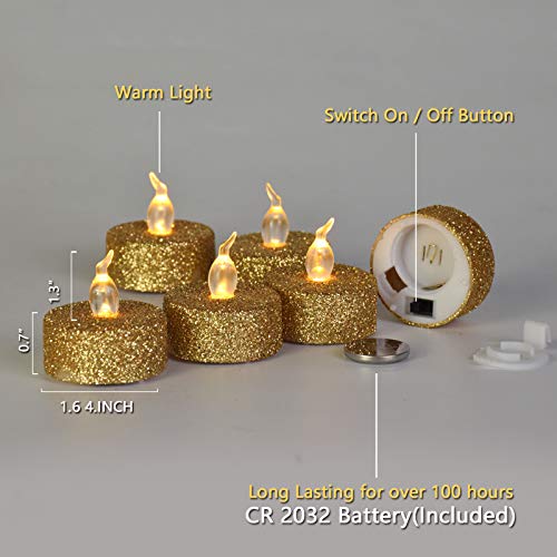 Image of 12PCS Gold Tea Lights,Glitter Tealights Candle Battery Operated for Christmas Halloween Home Decor Wedding Anniversary Party Table Decoration