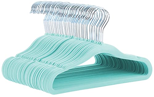 Image of Amazon Basics Kid's Velvet Non-Slip Clothes Hanger, 11.6 Inch, Mint Green - Pack of 50