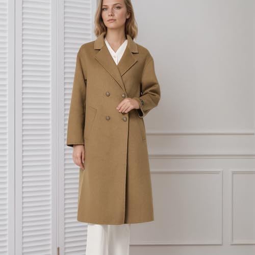 Women's Double Sided Blended Long Wool Pea Coat,Notch Lapel Overcoat Wool Jacket Long Trench Wool Dress Coat,Brown4
