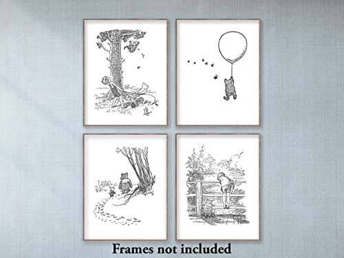 Classic Winnie The Pooh Black And White Nursery - 8X10 Inch Baby Boys Prints, Girls Wall Decor, Set Of 4 - Unframed #TOP1