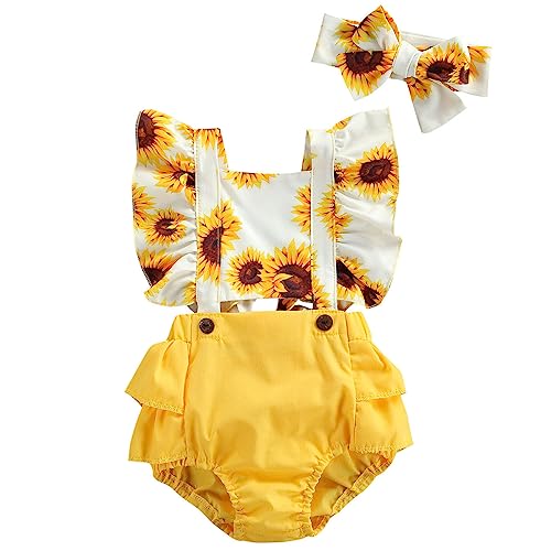 Image of Mubineo Baby Girl Summer Fruit Rompers Clothes Newborn Outfits Flower Ruffle Sleeveless Romper Overalls (White Yellow Sunflower, 6-12 Months)