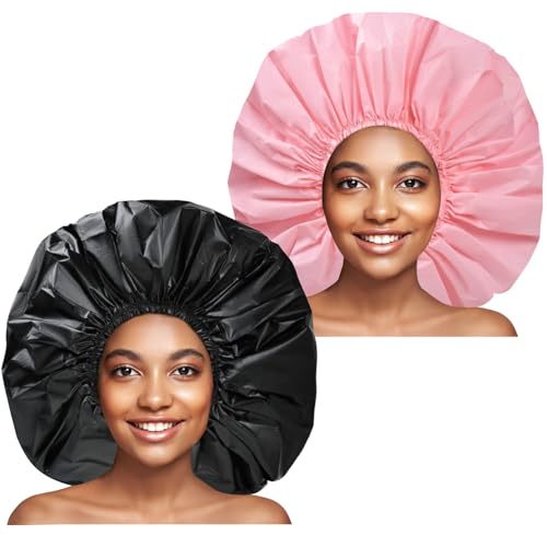 Extra Large Shower Cap 2 PCS Waterproof Shower Caps for Women Super Jumbo Shower Cap Reusable Super Large Bath Caps Hair Cap for Long Thick Curly Hair Locs Twist Braids - Black + Pink