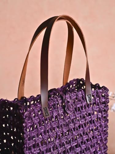 Image of KADAM HAAT Handwoven Sabai Grass Lunch Bag | Eco-Friendly Natural Woven Tote for Office, School & Picnic | Sustainable Artisan Handmade Bag for Women (Lavender)
