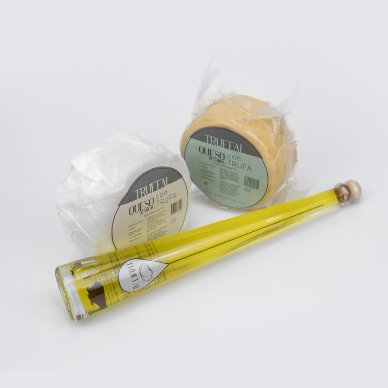 Lote de productos con Trufa Negra, Tuber Melanosporum, " Adictos al queso", incluye Queso de oveja con Trufa Negra, Queso de cabra con Trufa Negra y Condimento de Aceite de Oliva Virgen con Trufa.