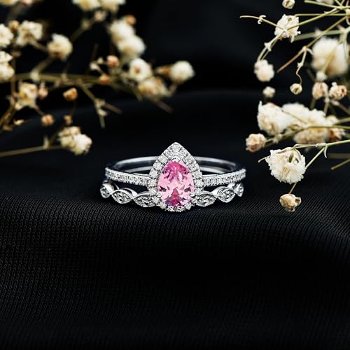 Lab Grown Pink Sapphire Diamond Wedding Ring Set, AAAA Quality, Certified Sapphire Diamond Teardrop Ring - With Jewelry Box3