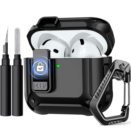 Charlam for AirPods 4 Case, Full Drop Protection with Secure Lock Design for Apple AirPods 4 Case Cover with Cleaning Kit & Keychain, Shockproof AirPods 4th Generation(2024) for Men Women, Black