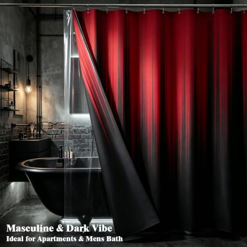 Image of AAtter 3 in 1 Red Black Gothic Shower Curtain Set, 72x72 Inch, 12 Hooks | Polyester Fabric with PEVA Liner, Burgundy Ombre Pattern, Modern Abstract Style, Standard Bathroom Decor for Men