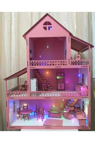 LED Işıklı Büyük Boy Ahşap Oyun Evi, 76 cm x 57 cm x 25 cm