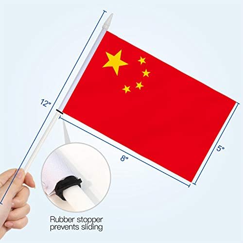 Anley China Mini Flag 12 Pack - Hand Held Small Miniature Chinese Flags on Stick - Fade Resistant & Vivid Colors - 5x8 Inch with Solid Pole & Spear Top