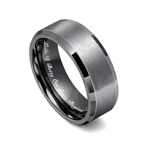 A & L Engraving Personalized Gunmetal Tungsten Ring – Custom Engraved Men’s Wedding Band with Matte Finish Custom Engraved Free In Any Language - Engagement Ring - Ships From USA
