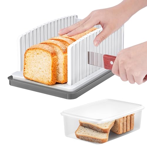 PTSUPLES Brotschneider mit Box, klappbare Brotschneidehilfe mit Krümelauffangschale, 2-in-1 Brotbox, Schneidegerät für hausgemachtes Brot und Kuchen
