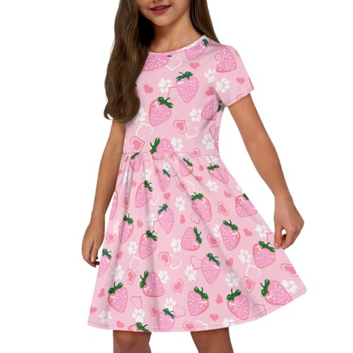 Image of Girls Dress with Pockets Basic Short Sleeve High Waist Swing Skater Dress School Party Dress for Kids