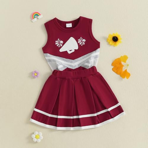 CREAIRY Toddler Baby Girl Cheerleader Outfit Shirt Tops Skirt Set Cheer Uniform Outfit Halloween Cheerleading Clothes (Wine Red, 3-4T)