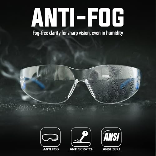 Image of Bison Life Vison Safe HylineX Safety Glasses with Soft Rubber Temples, Anti-Scratch Anti-Fog Clear Lens Blue Temple Goggles - Pack of 1