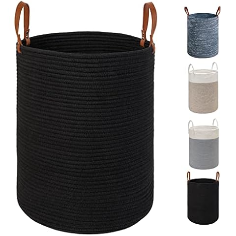TOTANKI X-Large Laundry Storage Basket - 15.7 Inches(D) x 19.7 Inches(H) - Collapsible Cotton Rope Woven Basket with Leather Handles for Storing Clothing, Diapers, Toys (Black) Cover