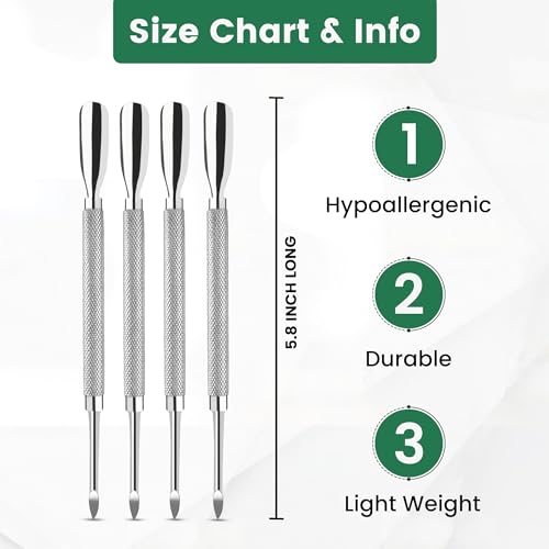 Skellax 4PCS Cuticle Pusher Double Ended Sharp Edge Spoon Shaped Set, Salon Quality Stainless Steel Metal Manicure Pedicure Nail Polish Remover Cleaner Tools for Fingernails Toenails