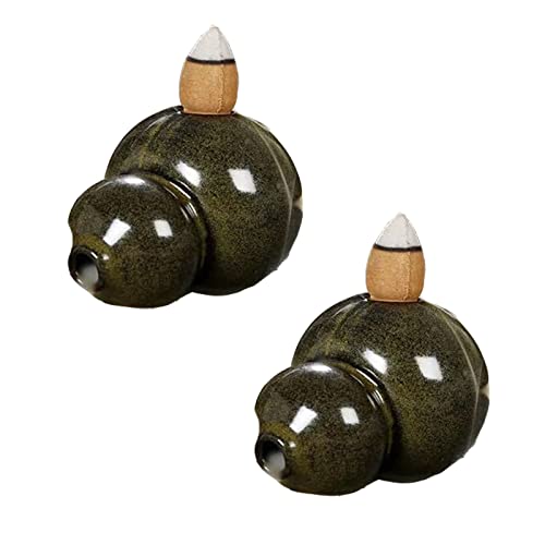 SKMIHJL 2 Stück Kürbis-Rückfluss-Räucherstäbchen, handgefertigte Keramik-Räucherstäbchenhalter für Kegel, Räuchergefäß, Aschefänger, Räucherkegelhalter für Meditation, Yoga, Heimbüro, Dunkelgrün Cover