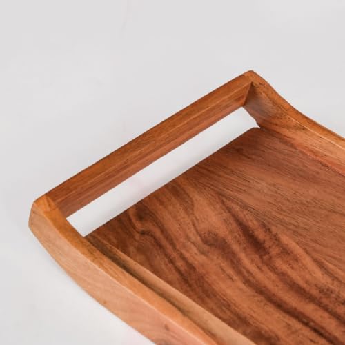 Image of Nestasia Wooden Serving Tray with Handles (30x20cm) - Acacia Wood Rectangular Brown Tray for Dining & Coffee Table | Platter for Serving Tea, Cakes, Snacks, Breakfast & Home Decor (Caramel Brown)