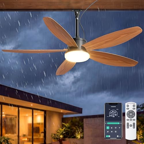 Phylluz 48 Inch Waterproof Outdoor Ceiling Fan with Light, Modern Ceiling Fans with 3 Colors LED Light, App & Remote Control, Quiet DC Motor, for Patios Gazebo, Walnut by Phylluz - Used condition - CA$165.19