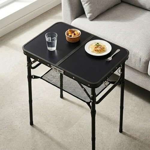 Image of Folding TV Dinner Tray Table, Adjustable Height Sofa Table, Black | Portable Snack Table with Storage Net, Lightweight Aluminum Couch End Table for Living Room, Bedroom, Camping, Patio