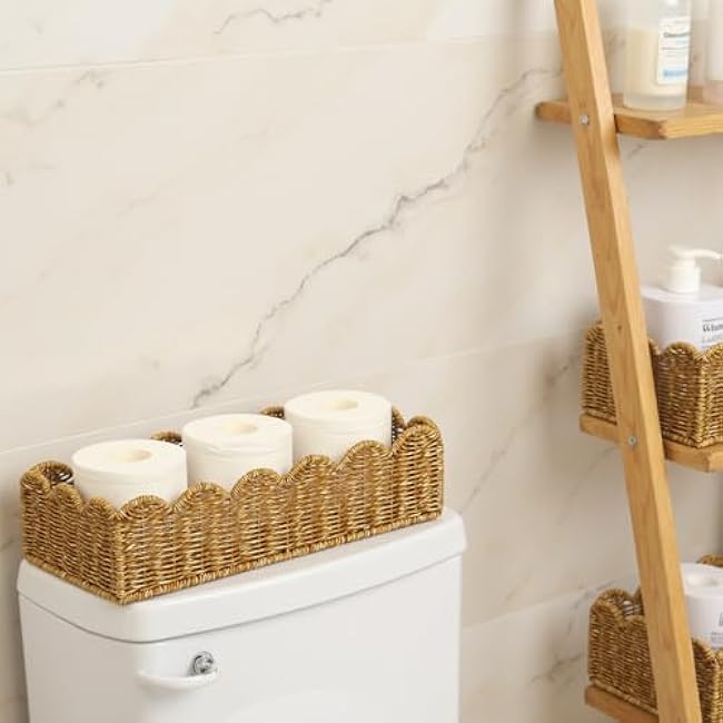 Scalloped Basket Toilet Organizer£ºCompact Moisture-resistant Storage for Tank & Nursery - Elegant Boho Handwoven Decor