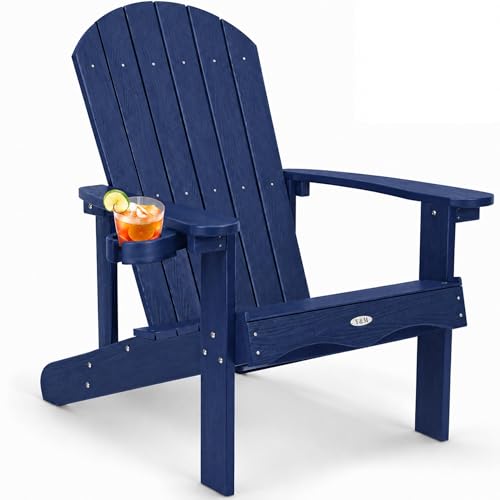 Y&M Adirondack Chair, Navy Blue Fire Pit Chairs, Outdoor Patio Chairs with Cup Holder, Weather Resistant HDPE Wooden Textured Patio Chairs, Perfect for Garden, Lawn, Deck, or Poolside