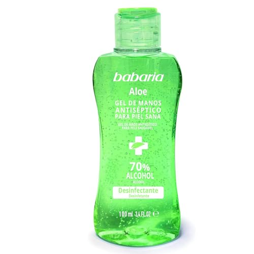 Babaria - Gel de Manos Antiséptico Aloe, Gel de Manos Desinfectante, con Aloe y Jojoba, Protege, Cuida e Hidrata la Piel, con Perfume Floral, 70% de Alcohol, Sin Aclarar - 100 ml