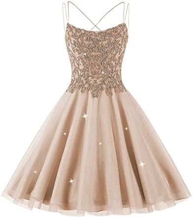 Sparkly Tulle Homecoming Dresses Short for Teens Lace Beaded Prom Ball Gown Cocktail Dress for Juniors Quinceanera A-Champagne